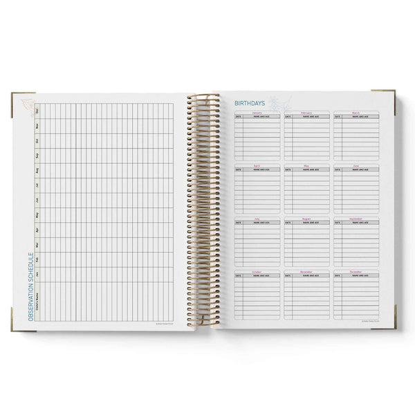 Open spiral-bound 2027 ECEC Programming Diary with schedule and birthday pages on a white background