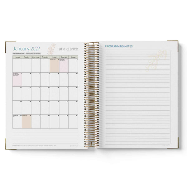 Open 2027 ECEC Programming Diary showing a calendar layout on one side and programming notes on the other, on a white background.