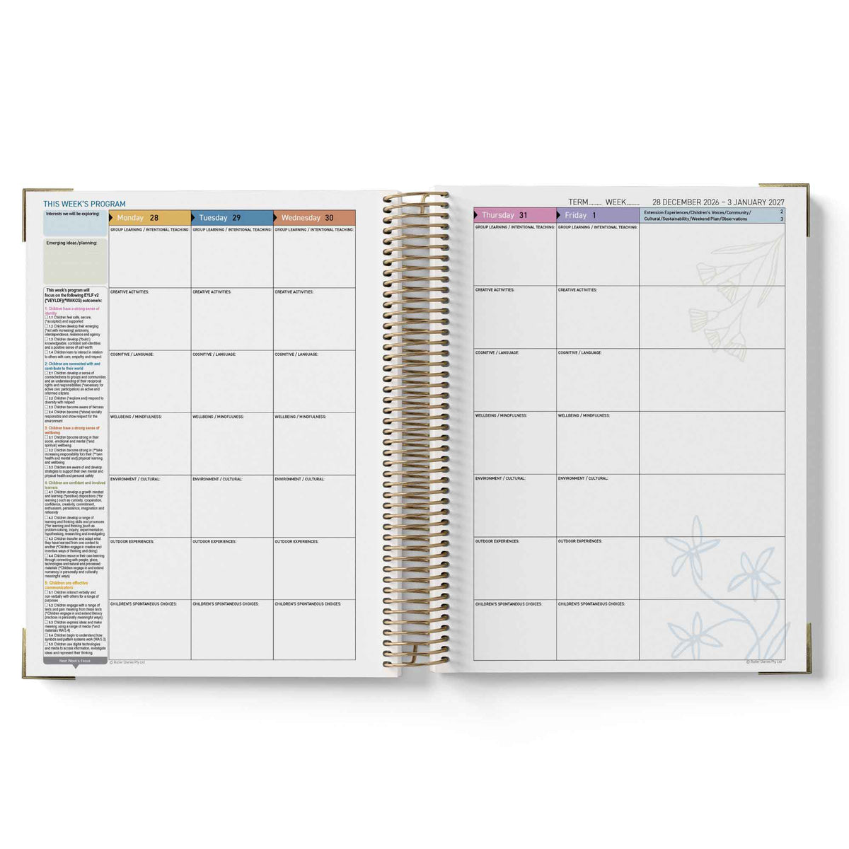 Open 2027 ECEC Programming Diary with weekly and monthly schedule on white background
