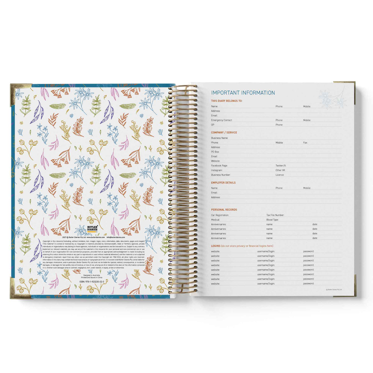 Open spiral-bound 2027 ECEC Programming Diary with floral design on one page and text on the other, on a white background.