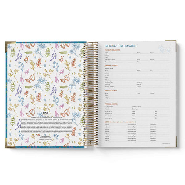 Open spiral-bound 2027 ECEC Programming Diary with floral design on one page and text on the other, on a white background.