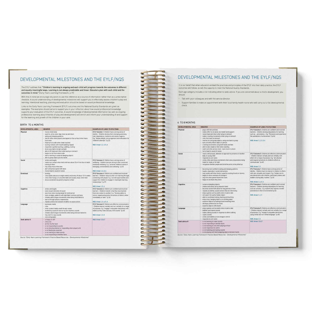 Open spiral-bound 2027 ECEC Programming Diary with educational content on developmental milestones and EYLF/NQF, on a white background.