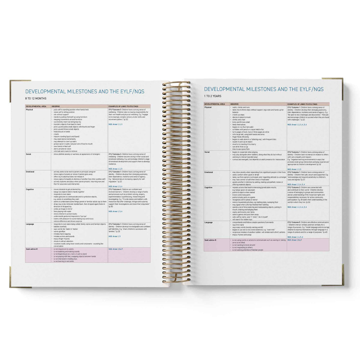 Open spiral-bound 2027 ECEC Programming Diary with educational content on developmental milestones and EYLF/NQF, on a white background.