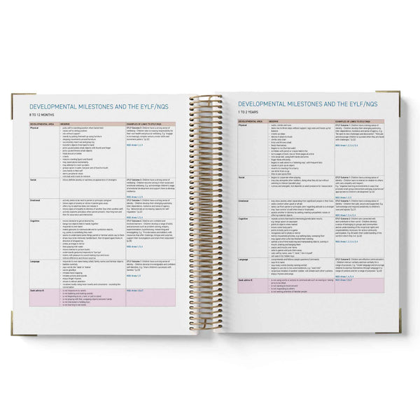 Open spiral-bound 2027 ECEC Programming Diary with educational content on developmental milestones and EYLF/NQF, on a white background.