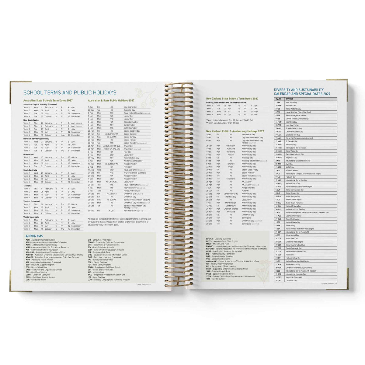 Open spiral-bound 2027 ECEC Programming Diary displaying a table of contents or index on a white background